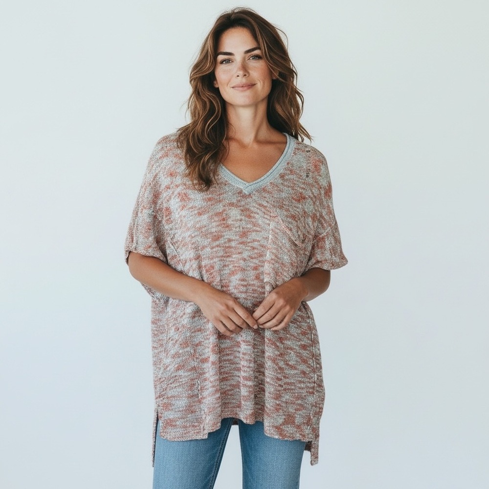 Easel Women Rust Grey Marled Open Knit V-Neck Oversized Distressed SweaterTop  L